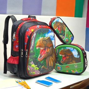 Combo Mochila 3 Piezas Dinosaurio Selva aplicación negro rojo