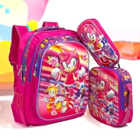 Combo Mochila 3 Piezas Sonic Rosa Rayitas (Varía imagen)