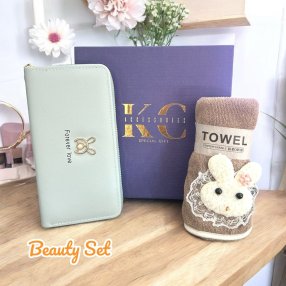 Beauty Set Conejito Encaje  Toalla conejito, cartera y cajita decorativa  Ambos colores y diseños surtidos