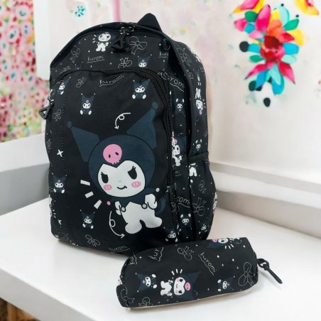 Mochila Kuromy 3 compartimentos y lapicera Negro