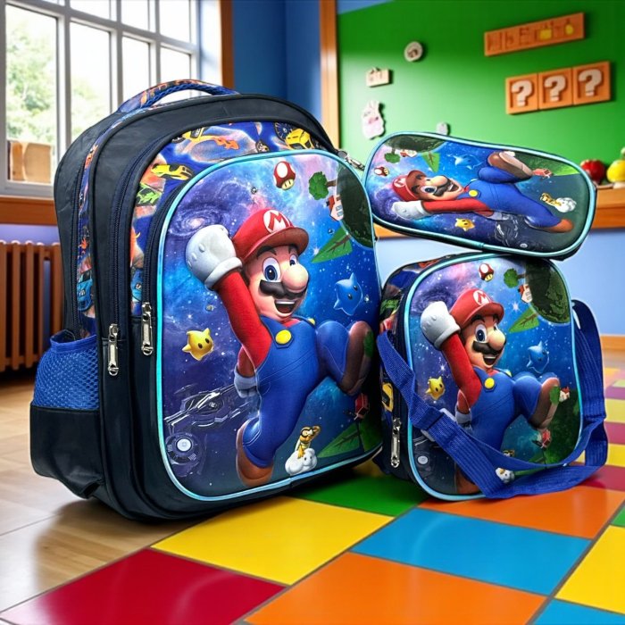Combo Mochila Primaria 3 Pza Mario en el espacio