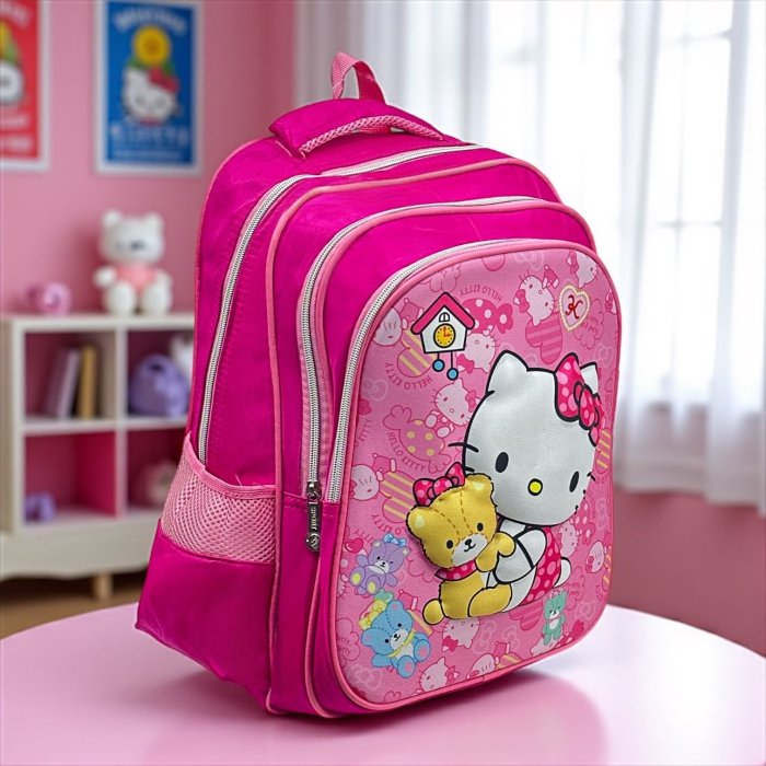 Mochila Primaria Individual Cierres Hello kitty con oso de peluche varia  tono