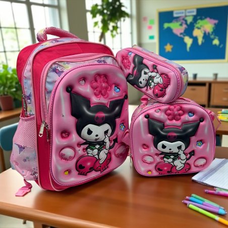 Combo de mochila Primaria 3 piezas 3D Kuromi calaveritas