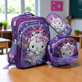Combo de mochila Primaria 3 piezas 3D Kitty lila