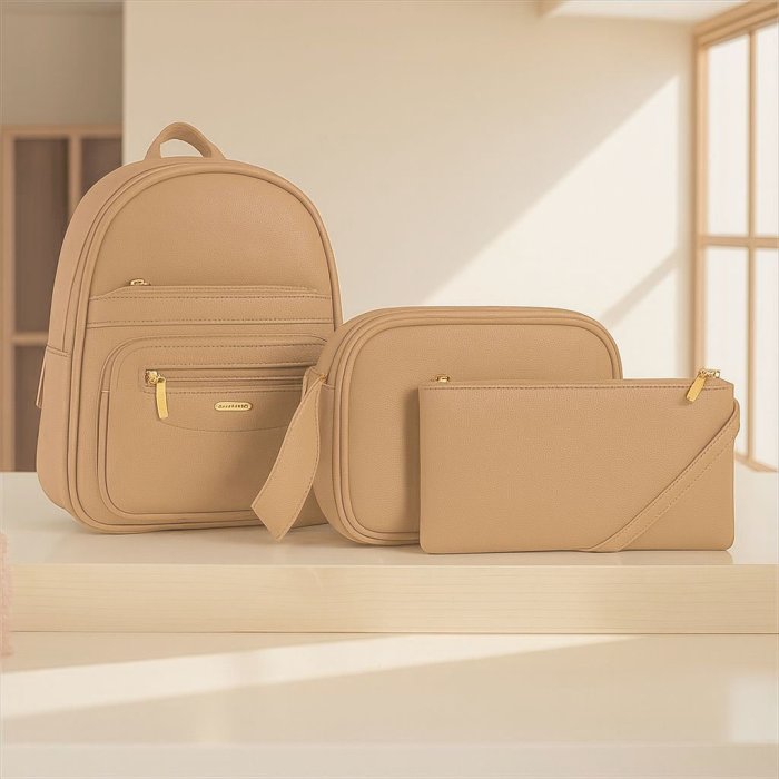 Combo mochila casual 3 piezas Kamel Reina Crema