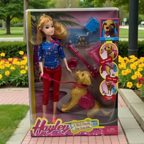 Muñeca Hayley 🐶 con perrito interactivo y accesorios. Caja 32×22.5×6