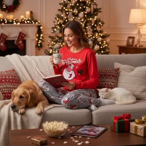 Pijama Christmas Dama Unitalla Santa y mono de nieve Rojo con Gris