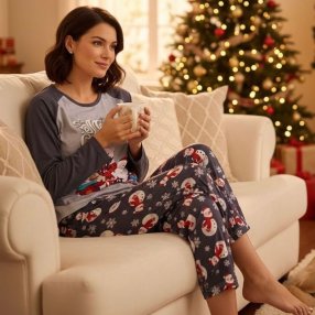 Pijama Christmas Dama Unitalla Santa & Reno en Gris Claro