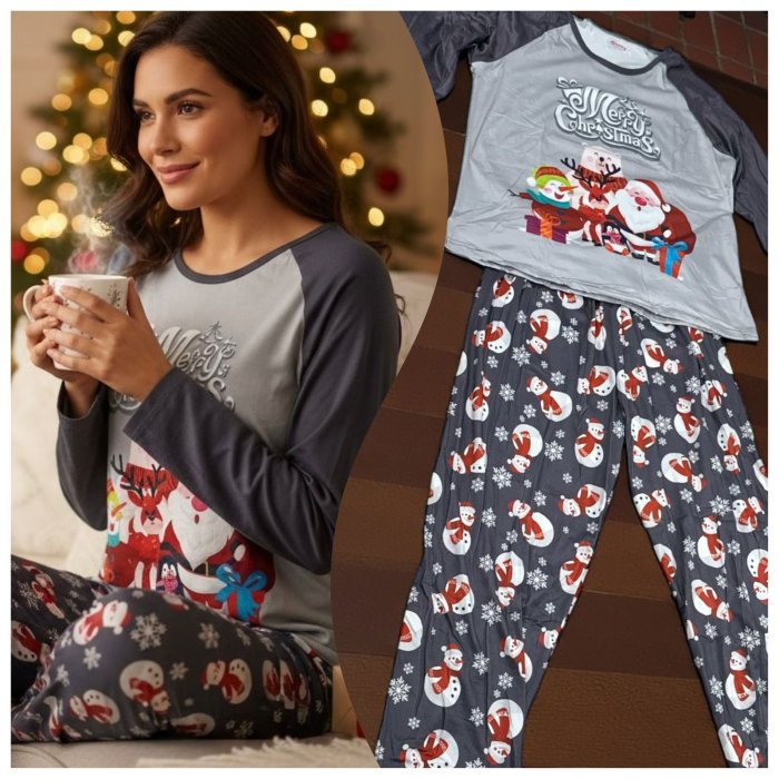 Pijama Christmas Dama Unitalla Santa & Reno en Gris Claro