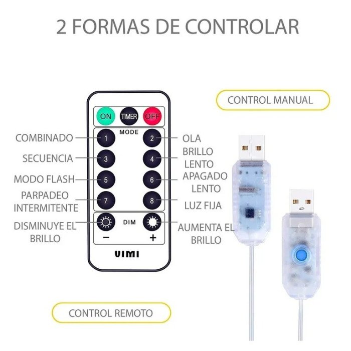 Cortina Luz CÁLIDA Led 3x3 Mts 8 Funciones Con Control Remoto, Usb