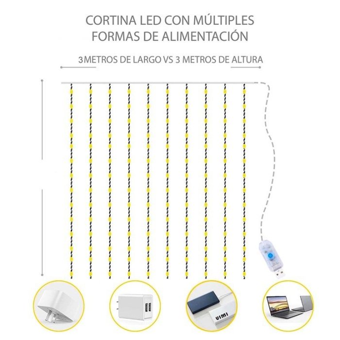 Cortina Luz CÁLIDA Led 3x3 Mts 8 Funciones Con Control Remoto, Usb