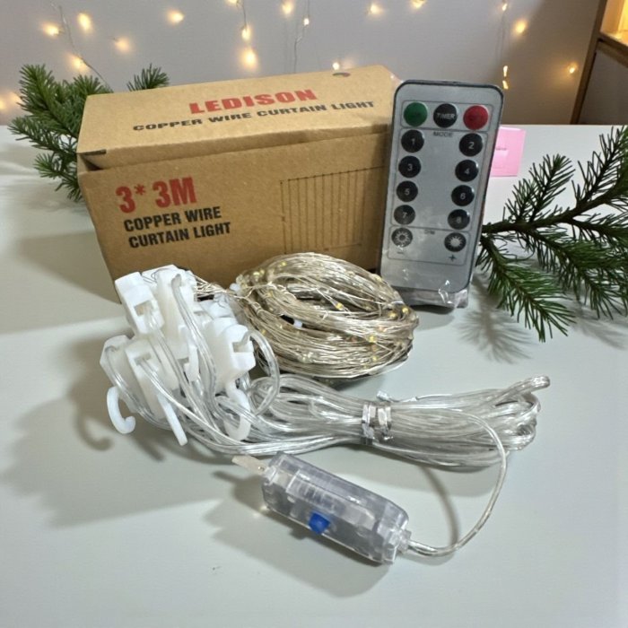 Cortina Luz CÁLIDA Led 3x3 Mts 8 Funciones Con Control Remoto, Usb