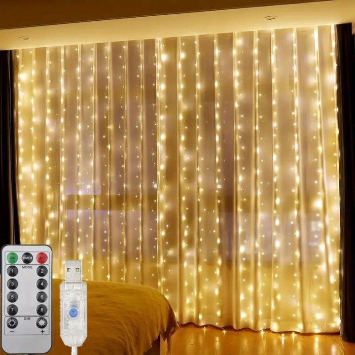 Cortina Luz CÁLIDA Led 3x3 Mts 8 Funciones Con Control Remoto, Usb