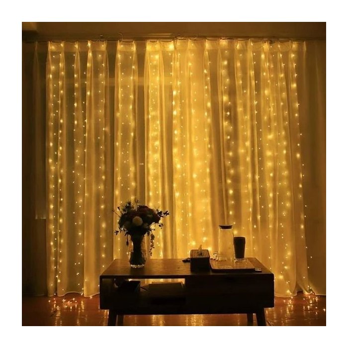 Cortina Luz CÁLIDA Led 3x3 Mts 8 Funciones Con Control Remoto, Usb