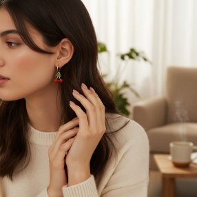 Set de 3 pares de aretes dorados con dijes de cerezas esmaltadas. Dise