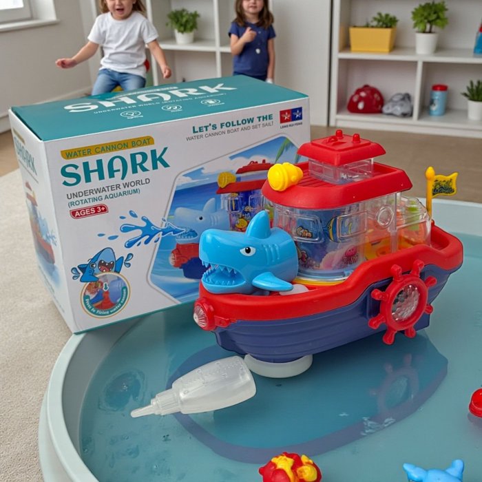 Barco de juguete Shark con luces, música, cañón de agua y acuario