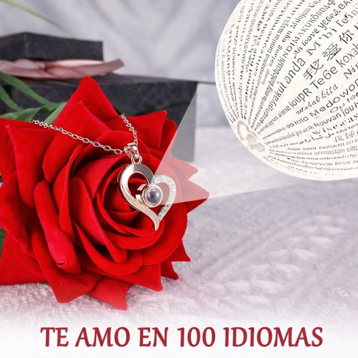 CADENA CON DIJE TE AMO EN 100 IDIOMAS (SE ENVÍA COLOR DE CAJA Y CADENA VARIADO)