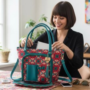 Bolsa Jazmín Flores Aqua Con Bolsa Frontal Tipo Organizador