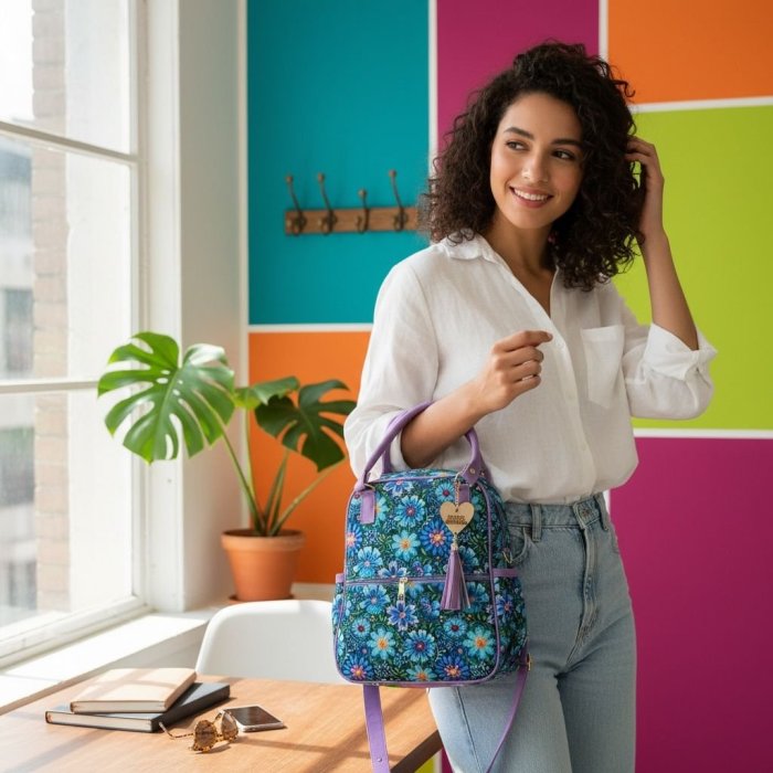 Bolsa Mochila  Camila Flores  Azul Lila
