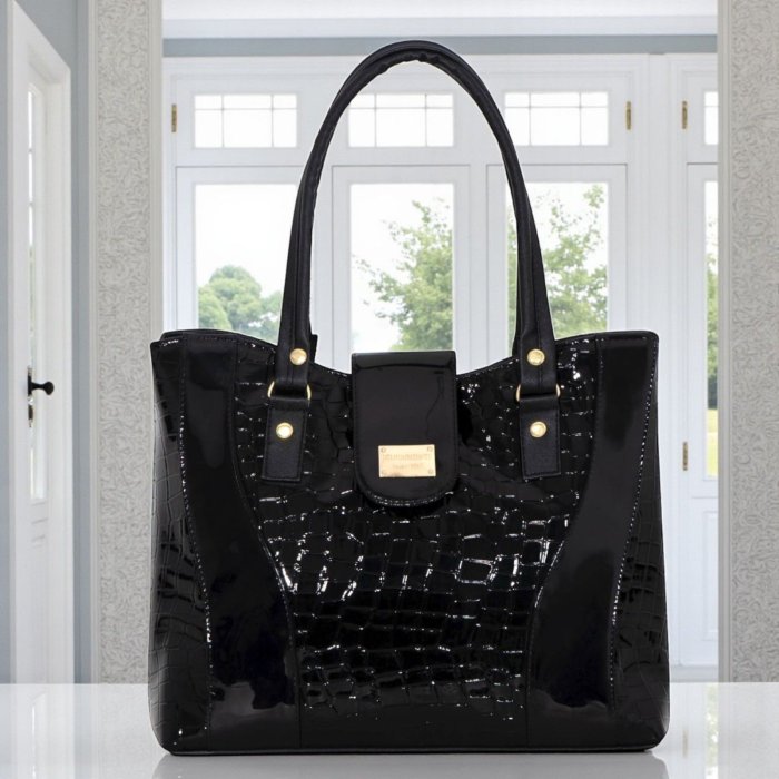 Bolsa croco negro casual elegante – ideal para oficina y uso diario