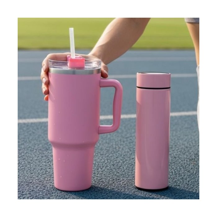 Dúo de termos térmicos con tapa y popote – set práctico y moderno