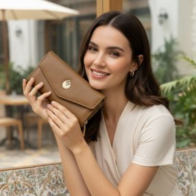 Cartera brown tipo sobre para dama, elegante y práctica