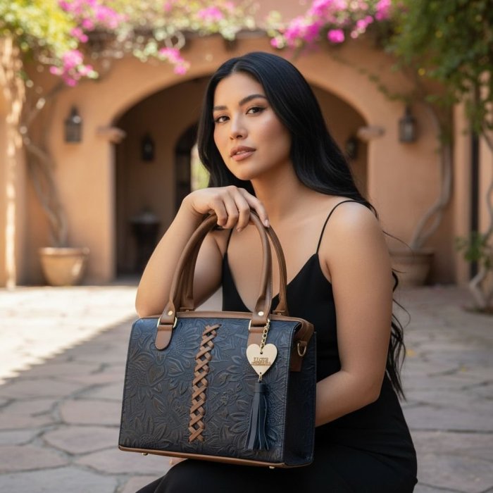 Bolsa de piel para dama con diseño artesanal y correa larga
