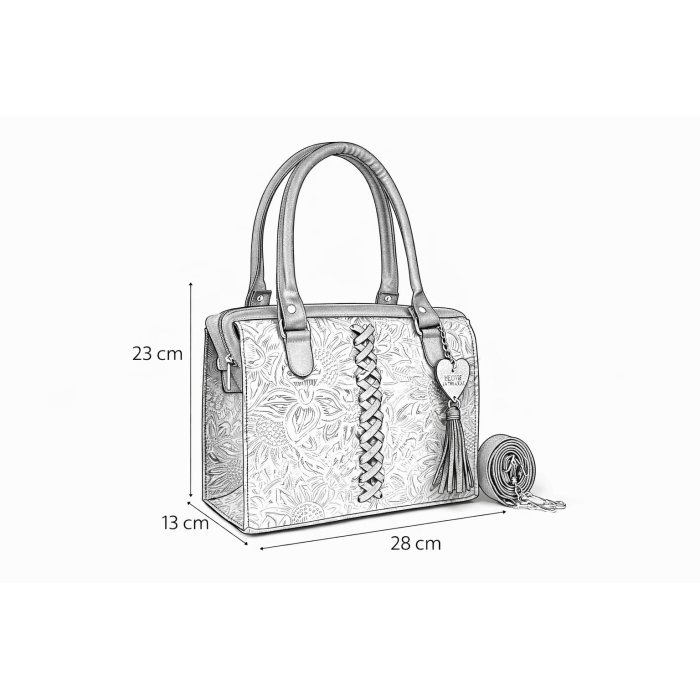 Bolsa de piel para dama con diseño artesanal y correa larga