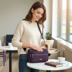Bolso crossbody morado compacto con múltiples compartimentos