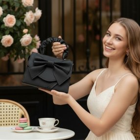 Cross de mano negra con moño decorativo, elegante y femenina