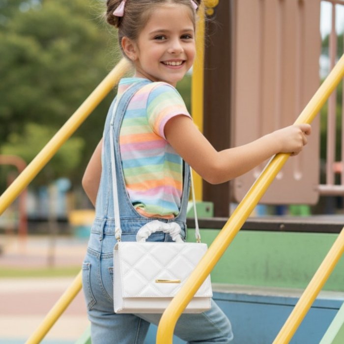 Bolsa infantil charol blanco acolchada con asa fruncida