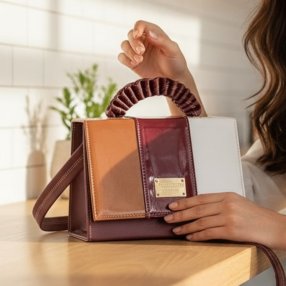 Bolsa estructurada tricolor vino con asa fruncida