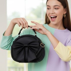 Bolsa redonda negra con moño frontal y correa ajustable