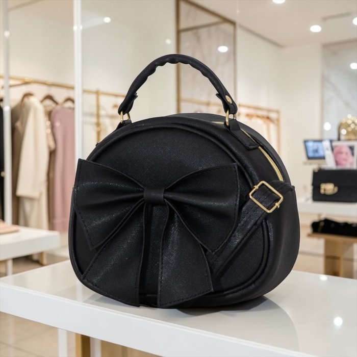 Bolsa redonda negra con moño frontal y correa ajustable