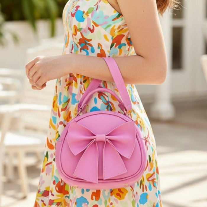 Bolsa redonda fucsia con moño frontal y correa ajustable