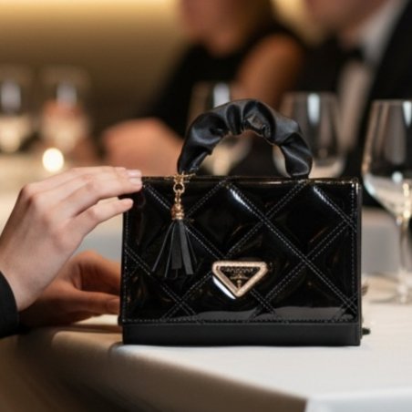 Mini bolsa negra estructurada brillante con diseño acolchado