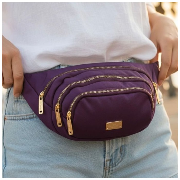 Cangurera crossbody morado para dama con múltiples compartimentos