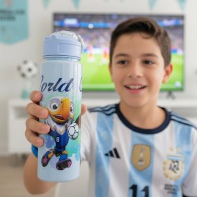 Termo azul infantil Mundial 2026 botella deportiva con popote