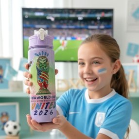 Termo morado infantil Mundial 2026 botella deportiva con popote