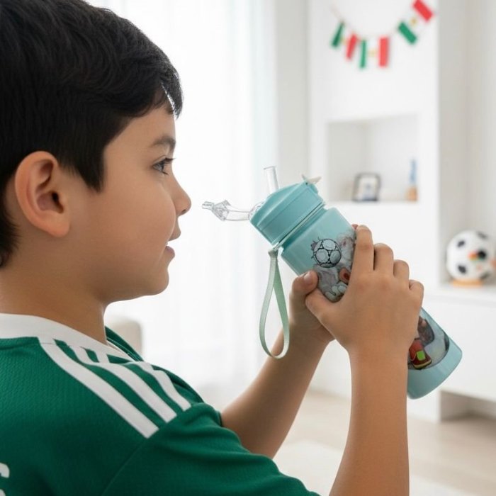 Termo menta infantil Mundial 2026 botella deportiva con popote