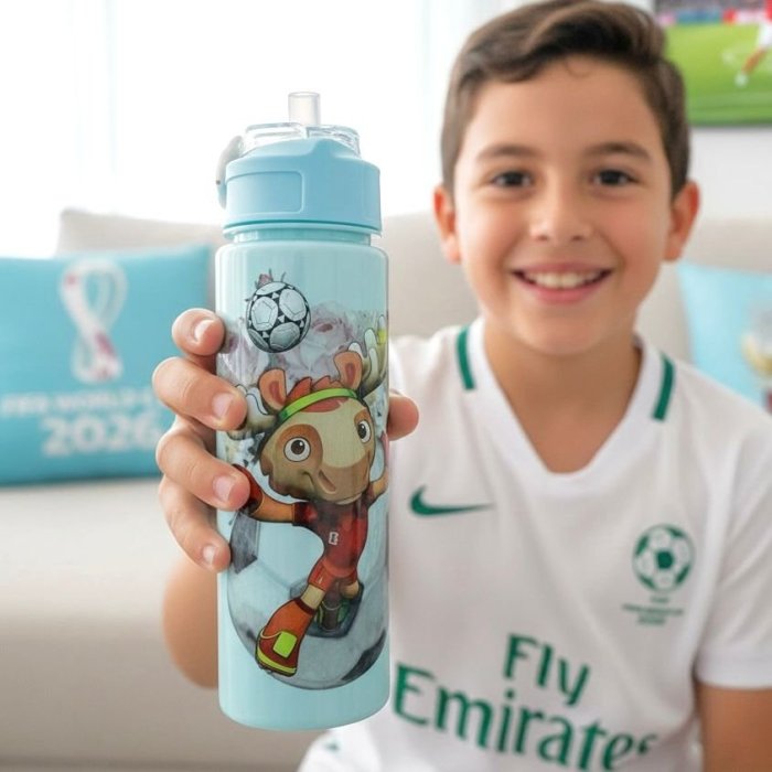 Termo menta infantil Mundial 2026 botella deportiva con popote