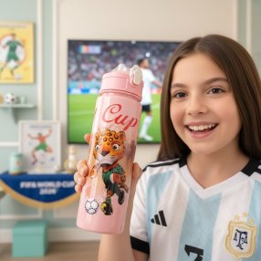 Termo rosa infantil Mundial 2026 botella deportiva con popote