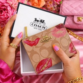 Cartera beige+lipstick  tipo tarjetero para dama con cierre compacto