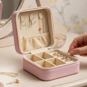 Joyero rosa compacto – organizador elegante para accesorios