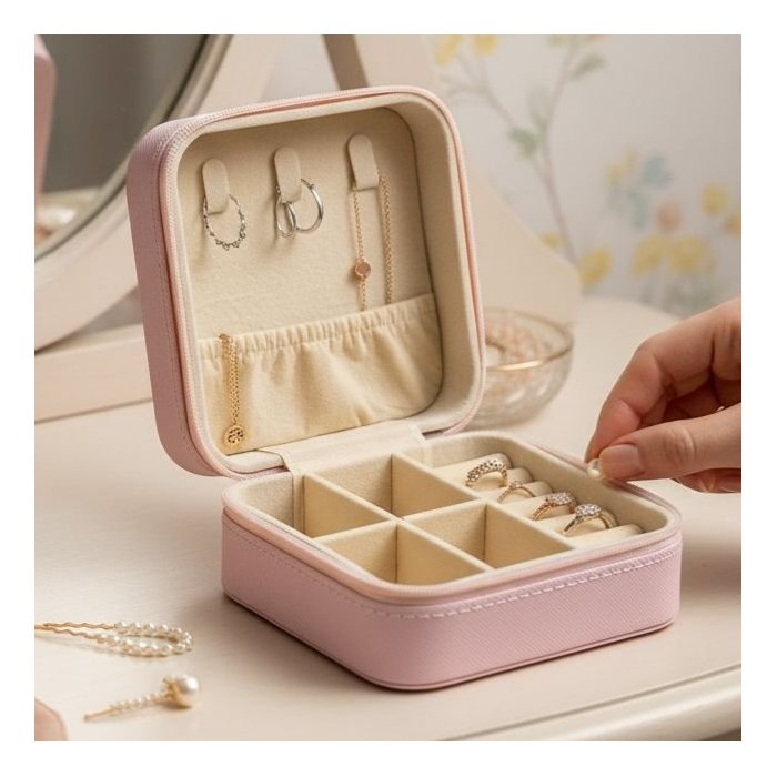 Joyero rosa compacto – organizador elegante para accesorios