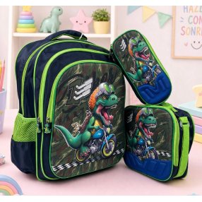 Set mochila escolar niño 3 piezas dinosaurio