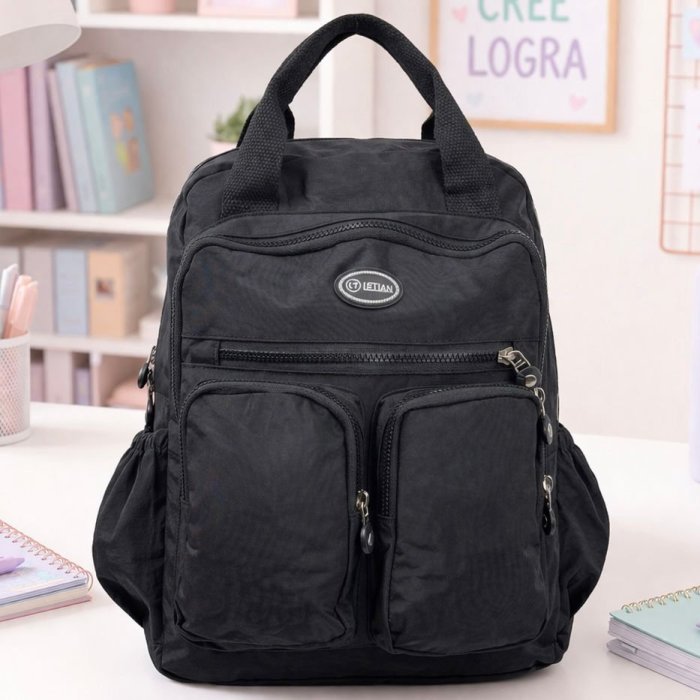 Mochila tipo kipling con 6 compartimetos Negro