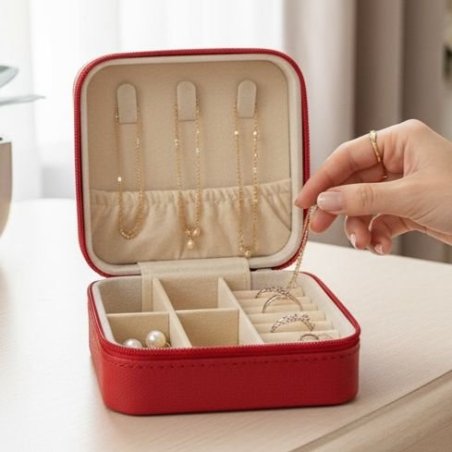 Alhajero rojo compacto – organizador elegante para accesorios