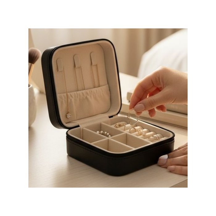 Joyero negro compacto – organizador elegante para accesorios