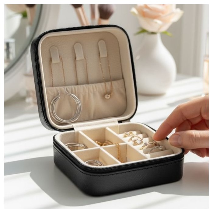 Joyero negro compacto – organizador elegante para accesorios